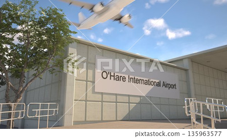 Chicago OHare International Airport entrance sign and airplane passing above on a summer day, Chicago, United States 3D rendering Chicago OHare International Airport entrance sign and airplane passing above on a summer day, Chicago, United States 3D rendering 135963577