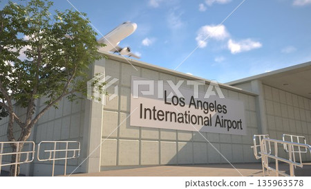 Los Angeles International Airport entrance sign and airplane passing above on a summer day, Los Angeles, United States 3D rendering Los Angeles International Airport entrance sign and airplane passing above on a summer day, Los Angeles, United States 3D rendering 135963578