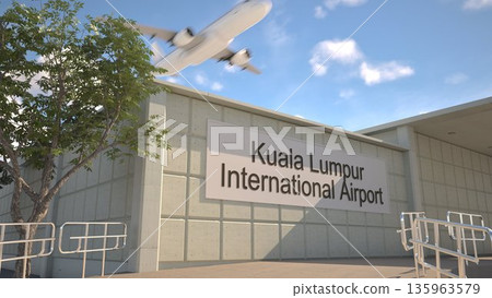 Kuala Lumpur International Airport entrance sign and airplane passing above on a summer day, Kuala Lumpur, Malaysia 3D rendering 135963579
