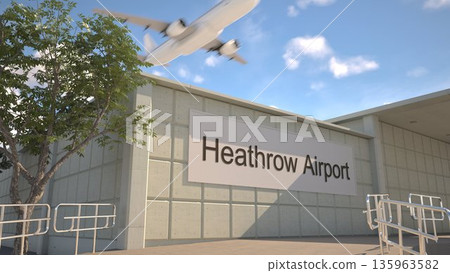 London Heathrow Airport entrance sign and airplane passing above on a summer day, London, United Kingdom 3D rendering London Heathrow Airport entrance sign and airplane passing above on a summer day, London, United Kingdom 3D rendering 135963582