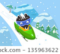 Cute character badger on sled. Bobsleigh and winter competitions. Vector flat illustration on background for children book. 135963622