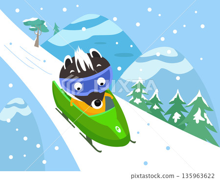 Cute character badger on sled. Bobsleigh and winter competitions. Vector flat illustration on background for children book. Cute character badger on sled. Bobsleigh and winter competitions. Vector flat illustration on background for children book. 135963622