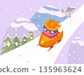 Cute character chick on sled. Bobsleigh and winter competitions. Vector flat illustration on background for children book. 135963624