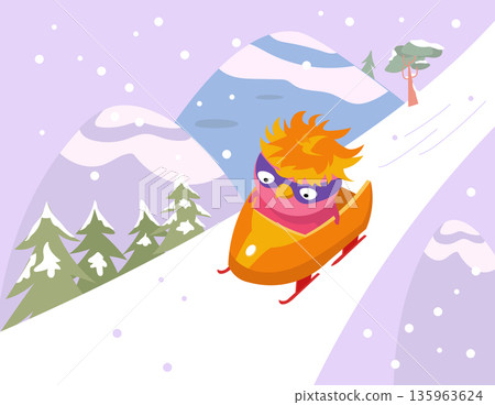 Cute character chick on sled. Bobsleigh and winter competitions. Vector flat illustration on background for children book. Cute character chick on sled. Bobsleigh and winter competitions. Vector flat illustration on background for children book. 135963624