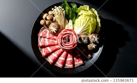 Minimalist flat lay, the raw ingredients for shabu-shabu thin, translucent slices of wagyu beef arranged in a rosette, alongside fresh shiitake, enoki mushrooms, Chinese cabbage  135963671