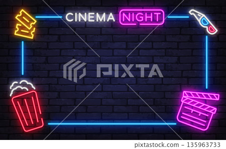 Neon cinema night sign with popcorn, tickets, glasses, and clapperboard. Entertainment themed frame perfect for movie events and promotions. 135963733