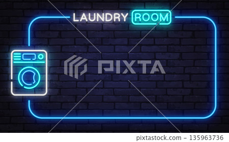 Neon laundry room sign with washing machine icon on brick wall. Home service concept perfect for interiors, rentals, or facility signage. Neon laundry room sign with washing machine icon on brick wall. Home service concept perfect for interiors, rentals, or facility signage. 135963736