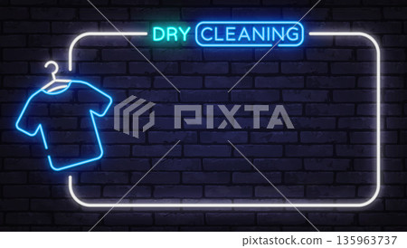 Neon dry cleaning sign with hanging shirt on brick wall. Service themed frame ideal for laundry businesses and service advertisements. Neon dry cleaning sign with hanging shirt on brick wall. Service themed frame ideal for laundry businesses and service advertisements. 135963737