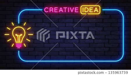 Neon creative idea sign with glowing light bulb inside bright frame. Inspiration concept perfect for startups, brainstorming, or marketing visuals. Neon creative idea sign with glowing light bulb inside bright frame. Inspiration concept perfect for startups, brainstorming, or marketing visuals. 135963739