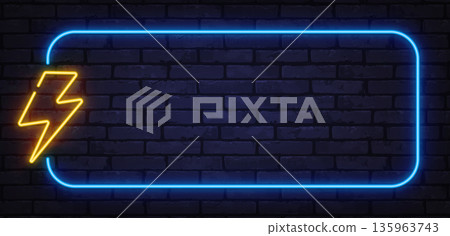 Neon lightning bolt inside glowing rectangular frame on dark background. Energy themed design ideal for power concepts and tech branding. Neon lightning bolt inside glowing rectangular frame on dark background. Energy themed design ideal for power concepts and tech branding. 135963743