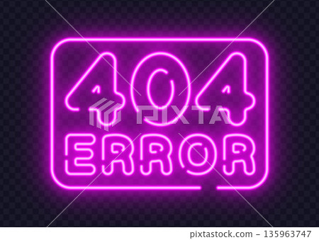 Neon 404 error sign glowing inside rounded frame on dark background. Modern web concept ideal for error pages, UI design, or tech presentations. Neon 404 error sign glowing inside rounded frame on dark background. Modern web concept ideal for error pages, UI design, or tech presentations. 135963747