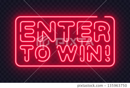 Neon enter to win message with bright glow and rounded frame. Contest concept perfect for giveaways, promotions, or online campaigns. 135963750