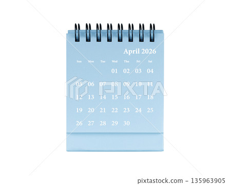 Desktop calendar for April 2026 in blue colour. Mini planner for business and finance, spiral view on isolated white background Desktop calendar for April 2026 in blue colour. Mini planner for business and finance, spiral view on isolated white background 135963905