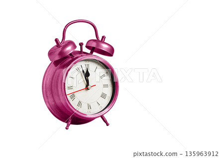 retro clock, pointer clock, pink color alarm clock on isolated white background 135963912
