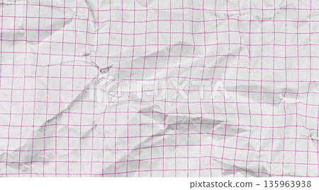 Crumpled paper notebook sheet with checkered grid pattern. White graph background for school math 135963938