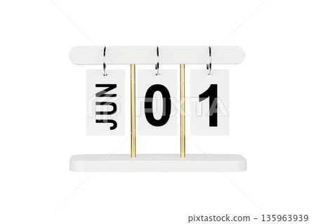 Modern flip calendar with June 01 date isolated on white. Office time management tool icon. 135963939