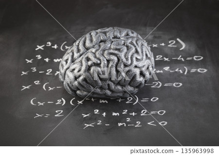 Human brain model with mathematical equations on scholl chalkboard. Science, education and learning concept. 135963998
