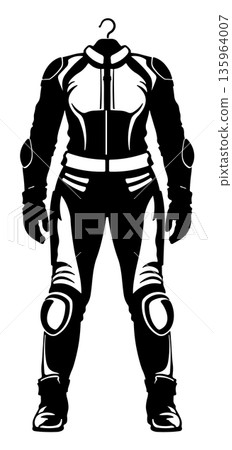 Black silhouette of a women motorcycle riding suit on a hanger, without background. Black silhouette of a women motorcycle riding suit on a hanger, without background. 135964007