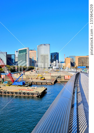 Sumida River Former Tsukiji Market site undergoing redevelopment Tsukiji Bridge Sumida River Former Tsukiji Market site undergoing redevelopment Tsukiji Bridge 135964209