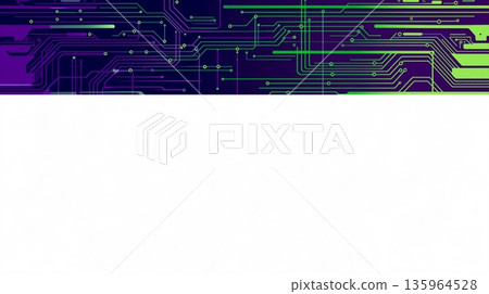 Abstract design with neon-style green and purple circuit patterns on a white background 135964528