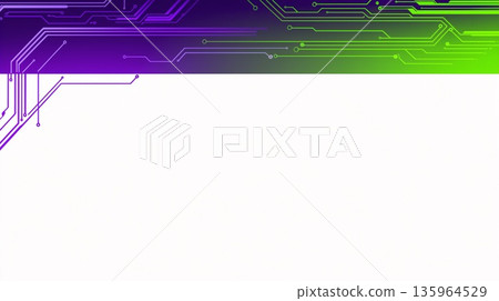 白色背景上的抽象設計,頂部有紫色和綠色的電路圖案。 白色背景上的抽象設計,頂部有紫色和綠色的電路圖案。 135964529