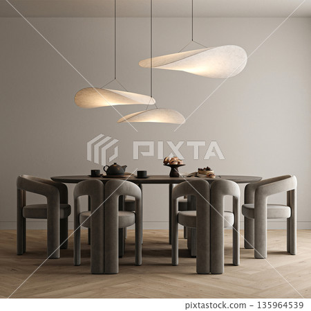 Modern minimal style wooden kitchen interior with gray wall background. Nature design front view. 3d rendering. High quality 3d illustration Modern minimal style wooden kitchen interior with gray wall background. Nature design front view. 3d rendering. High quality 3d illustration 135964539