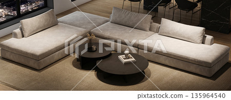 Modern minimalism interior livingroom with large modular sofa, night city view and marble kitchen island. 3d rendering. High quality 3d illustration 135964540