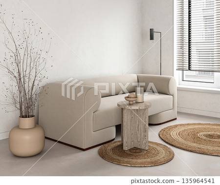 Scandinavian livingroom with sofa, rug and branches in vase background. Light modern nature view. 3d rendering. High quality 3d illustration 135964541
