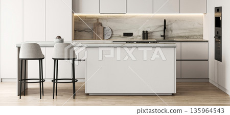 Modern nature style white kitchen interior design with island and panoramic background. 3d rendering. High quality 3d illustration Modern nature style white kitchen interior design with island and panoramic background. 3d rendering. High quality 3d illustration 135964543