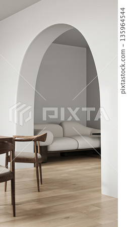 Modern style wooden interior with arch and dining table background. Nature lamp design. 3d rendering. High quality 3d illustration Modern style wooden interior with arch and dining table background. Nature lamp design. 3d rendering. High quality 3d illustration 135964544