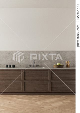 Modern style wooden kitchen interior background. Nature design with beige stone marble. 3d rendering. High quality 3d illustration Modern style wooden kitchen interior background. Nature design with beige stone marble. 3d rendering. High quality 3d illustration 135964545