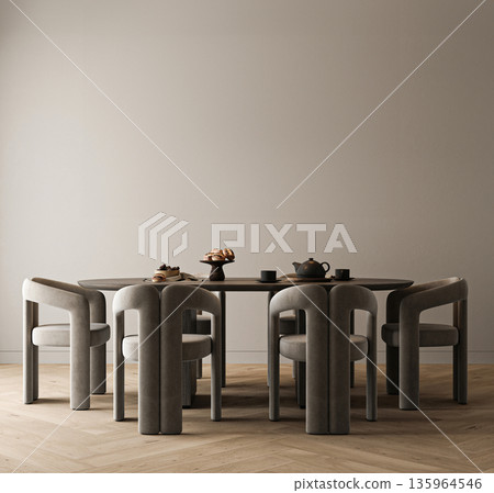 Modern minimal style wooden kitchen interior with gray wall background. Nature design front view. 3d rendering. High quality 3d illustration 135964546