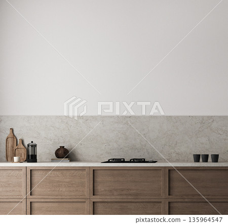 Modern style wooden kitchen interior background. Nature design with beige stone marble. 3d rendering. High quality 3d illustration Modern style wooden kitchen interior background. Nature design with beige stone marble. 3d rendering. High quality 3d illustration 135964547