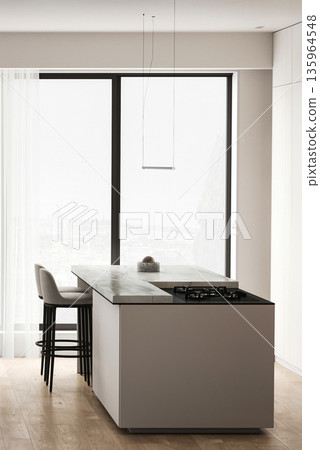 Modern nature style white kitchen interior design with island and panoramic window background. 3d rendering. High quality 3d illustration 135964548