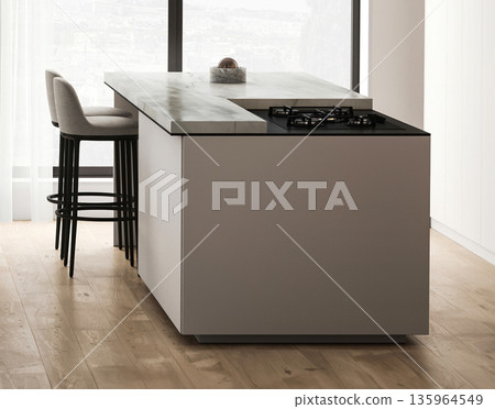 Modern nature style white kitchen interior design with island and panoramic window background. 3d rendering. High quality 3d illustration 135964549