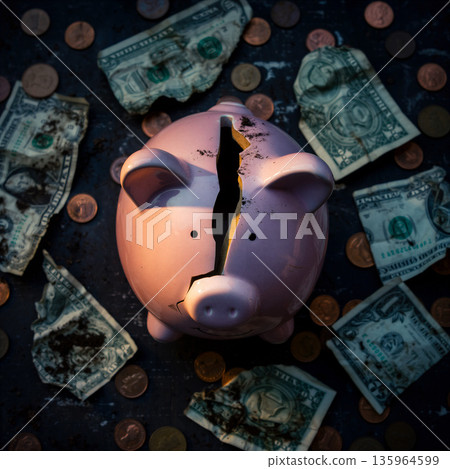 Cracked piggy bank sits among coins and crumpled bills on a dark surface in a financial setting 135964599