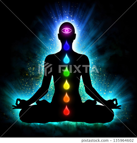 Meditating figure with chakras illuminated in bright colors against a dark background at nighttime Meditating figure with chakras illuminated in bright colors against a dark background at nighttime 135964602