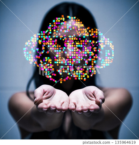 Person with glowing squares in front of face and hands outstretched in a creative digital art setting at nighttime 135964619