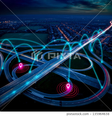 Futuristic view of roads and clouds with technology signals at night in a modern city 135964638
