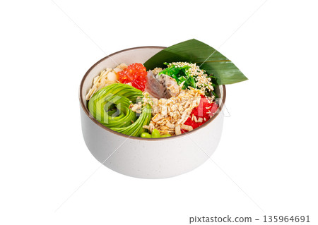 Colorful poke bowl with avocado rose, fish, caviar, seaweed salad and crispy topping Colorful poke bowl with avocado rose, fish, caviar, seaweed salad and crispy topping 135964691
