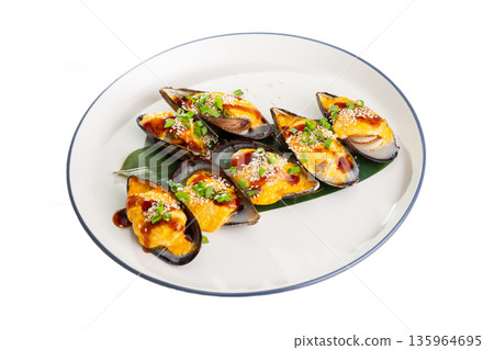 Baked mussel with cheese, teriyaki sauce, sesame and green onion Baked mussel with cheese, teriyaki sauce, sesame and green onion 135964695