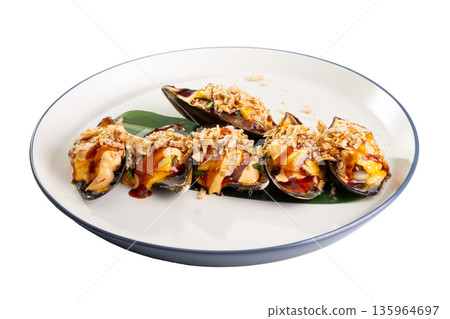 Baked mussel with creamy cheese, teriyaki sauce and crispy topping on bamboo leaf Baked mussel with creamy cheese, teriyaki sauce and crispy topping on bamboo leaf 135964697
