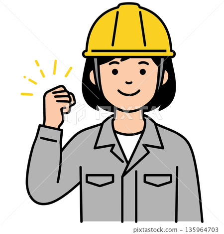 一名戴著黃色安全帽的女工揮舞著拳頭，做出擊掌動作。 135964703
