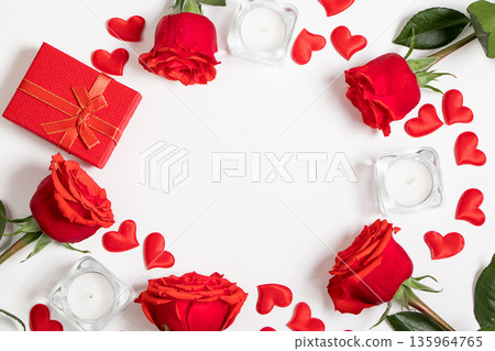 Frame from red hearts and roses on a white background. Valentine's day greeting card. Layout with place for text. 135964765