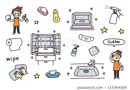 Illustration set of housewives who cleaned 135964889