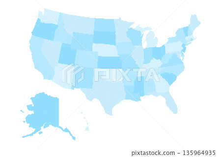 This pixel map outlines the geographical boundaries of the United States, clearly identifying individual states in a grayscale format for easy visualization and reference. This pixel map outlines the geographical boundaries of the United States, clearly identifying individual states in a grayscale format for easy visualization and reference. 135964935