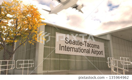 Seattle Tacoma International Airport sign on terminal building with autumn tree and airplane, Seattle, United States 3D rendering Seattle Tacoma International Airport sign on terminal building with autumn tree and airplane, Seattle, United States 3D rendering 135964962