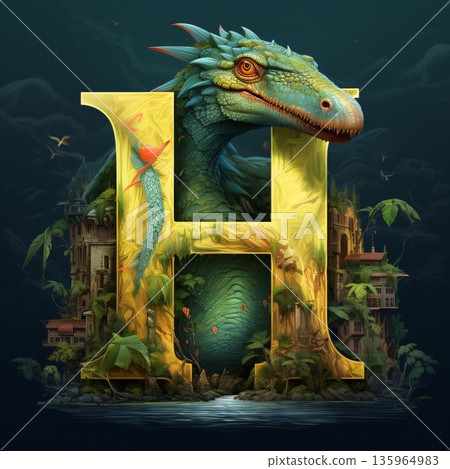Fantasy alphabet letter H with dragon in the jungle - 3d render Fantasy alphabet letter H with dragon in the jungle - 3d render 135964983