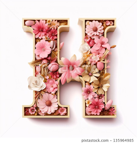 Alphabet made of flowers. Letter H. 3D illustration. Alphabet made of flowers. Letter H. 3D illustration. 135964985