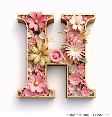 Floral font. Letter H made of flowers. 3D rendering Floral font. Letter H made of flowers. 3D rendering 135964986